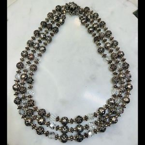 Vintage Silver Rose Clear Crystal Faceted Three Strand Necklace -18"